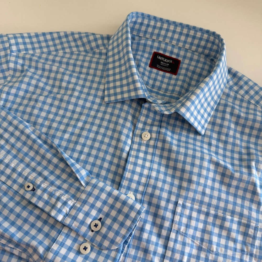 UNTUCKit Stevens Blue Gingham Performance Shirt Mens Medium Regular Fit 41838